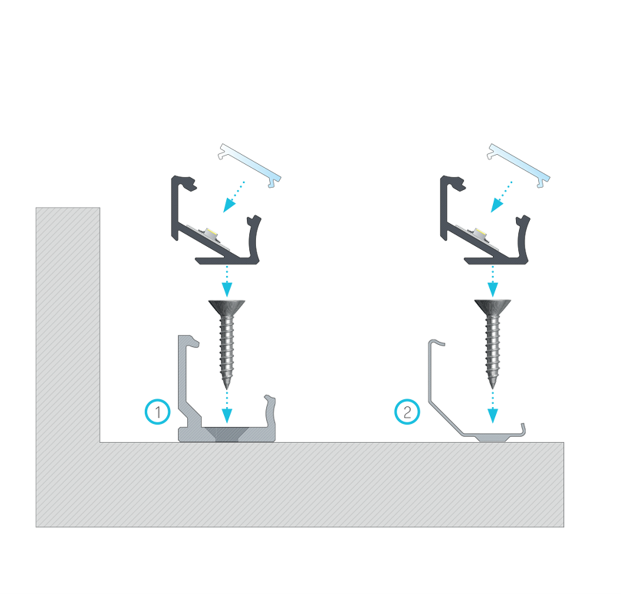Instrukcja montażu profilu H Lumines pod kątem 30° za pomocą (1) uchwytu montażowego CH z tworzywa, (2) metalowego uchwytu montażowego CH.